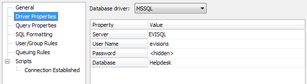 Server: EVISQL. Username: evisions.  Password: <hidden>.  Database: Helpdesk